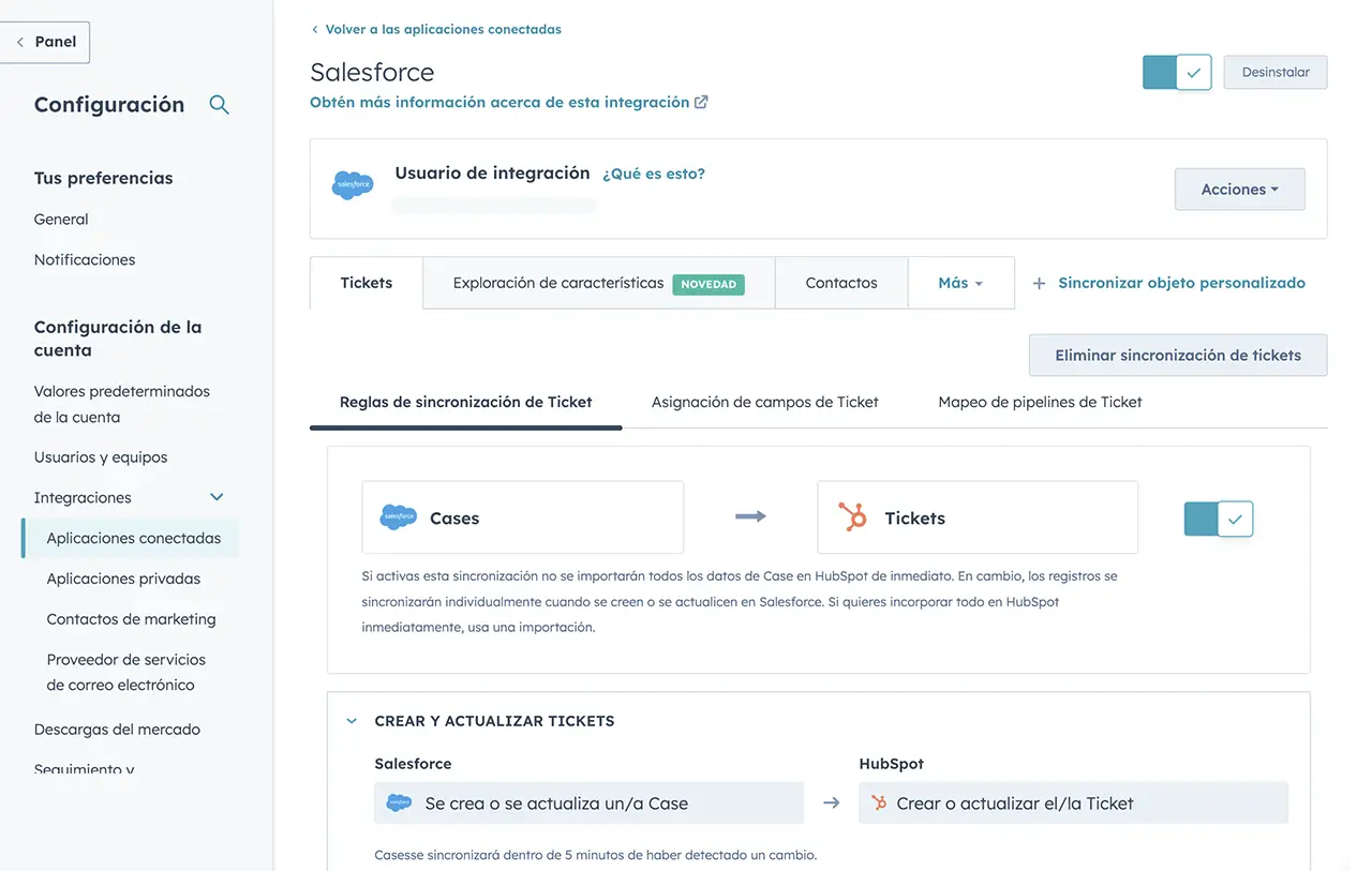 Pantalla de configuración de la sincronización de tickets en la integración de Salesforce Y HubSpot